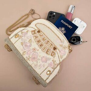 Mary Frances Just Married Beaded Car Zip Handbag Wedding Bag Beige Gold Purse NW